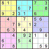 Ukázka zadání Sudoku včetně barevného rozdělení